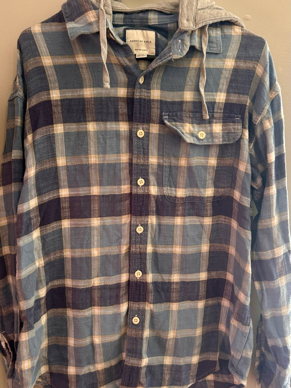 American Eagle Outfitters Blue and Tan Plaid Hooded Button-Down Shirt - Picture 6 of 6
